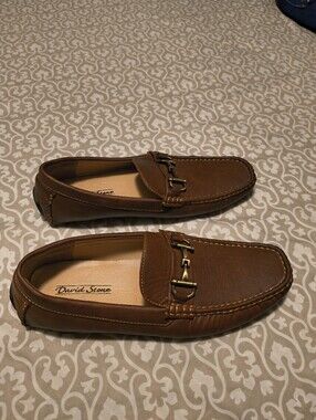David Stone Men’s Tan Leather Slip-On Loafers with Metal Bit